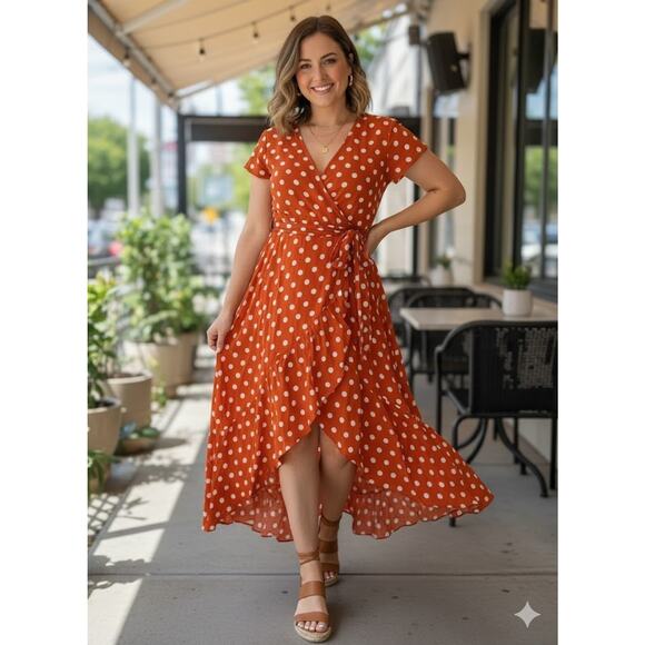 GRECERELLE Polka Dot Wrap High-Low Maxi Dress, Orange, M, Pre-Owned - Picture 1 of 10